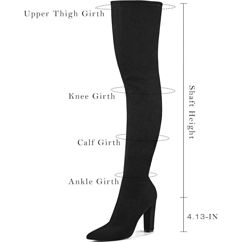 Women's Black Suede Thigh High Boots Pointed Toe Over The Knee High Winter Boot